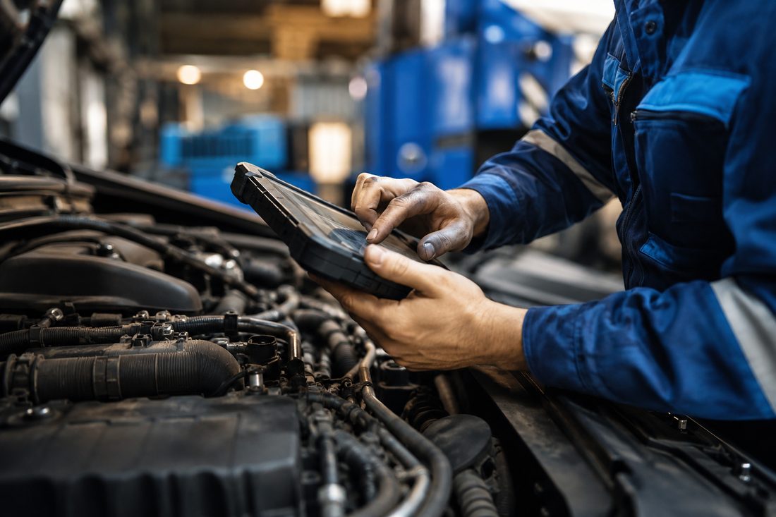Mechaniker bei der Fahrzeugdiagnose mit Tablet am Motor