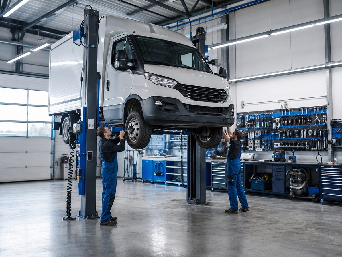 Werkstatt von B. Grothues: Transporter auf der Hebebühne, Mechaniker bei der Arbeit